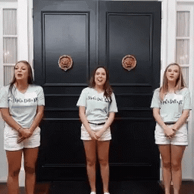 Three Women Standing In Front Of A Black Door With One Wearing A Shirt That Says I 'M A Delta GIF