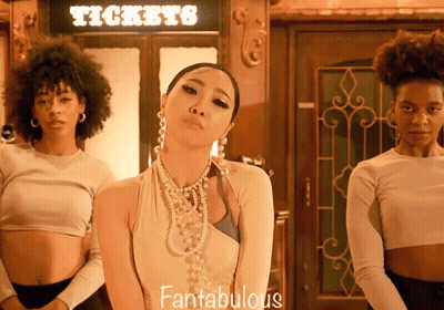 Three Women Standing In Front Of Tickets Door GIF