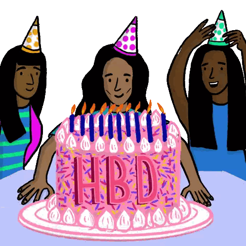Three Women Wearing Party Hats Are Standing Around A Birthday Cake That Says Hbd On It Sticker