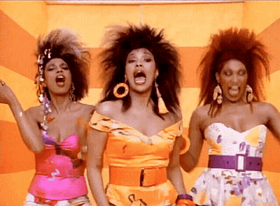Three Women With Mouths Open In Front Of Striped Wall GIF