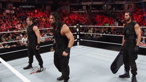Three Wrestlers In Wrestling Ring WWE Live GIF