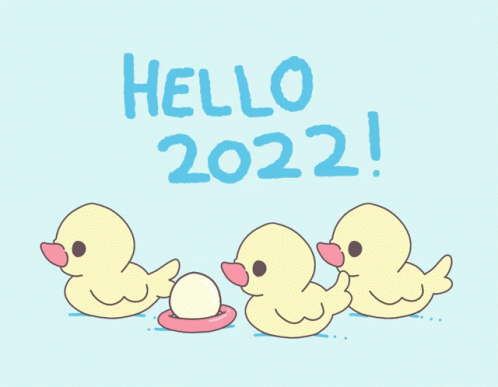 Three Yellow Ducks Are Standing Next To Each Other With The Words Hello 2022 Written Above Them GIF