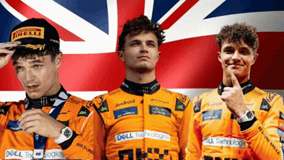 Three Young Men Wearing Orange Shirts With Dell Technologies Written On Them Stand In Front Of A British Flag GIF