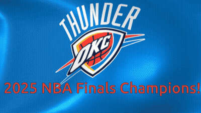 Thunder Okc Logo On A Blue Background With 2025 Nba Finals Champions Written In Red GIF