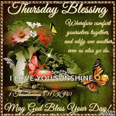 Thursday Blessing With Butterflies Flowers On Green Background GIF