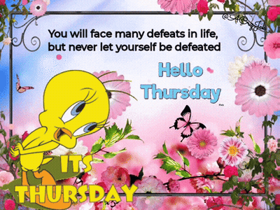 Thursday Greeting Card With Tweety Surrounded By Flowers GIF