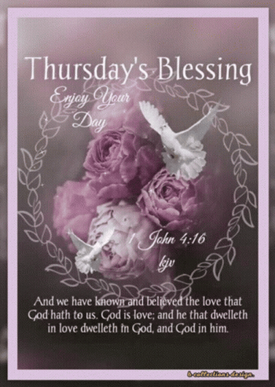 Thursday's Blessing Greeting Card With Purple Roses And White Doves GIF