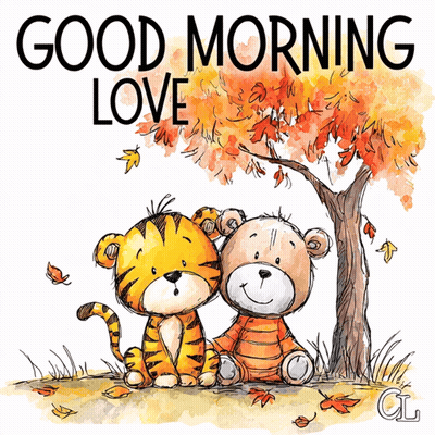 Tiger And Teddy Bear Under Tree Saying Good Morning Love GIF