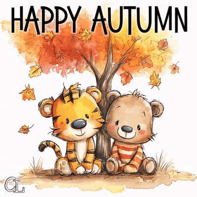 Tiger And Teddy Bear Under Tree Saying Happy Autumn GIF