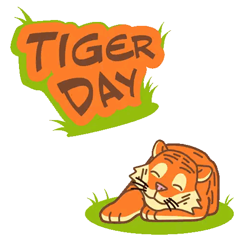Tiger Lying In Grass Under Tiger Day Sign Sticker