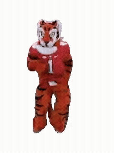 Tiger Mascot Dancing Arms Outstretched Red Jersey 1 GIF