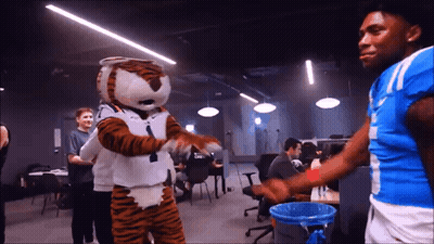 Tiger Mascot Dancing With Man In Blue Shirt Number 11 GIF