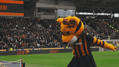 Tiger Mascot On Soccer Field In Front Of Hull City Sign GIF