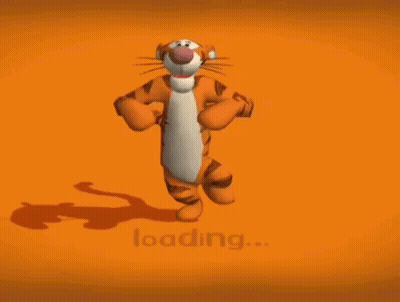 Tigger From Winnie The Pooh Is Dancing In Front Of An Orange Background That Says " Loading " GIF