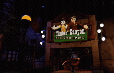 Timber Canyon Adventure Park Sign With Cartoon Characters GIF
