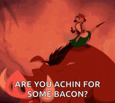 Timon From The Lion King Is Riding On The Back Of A Pig And Says `` Are You Achin For Some Bacon ? '' GIF