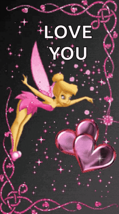 Tinkerbell Fairy Surrounded By Hearts Saying Love You GIF
