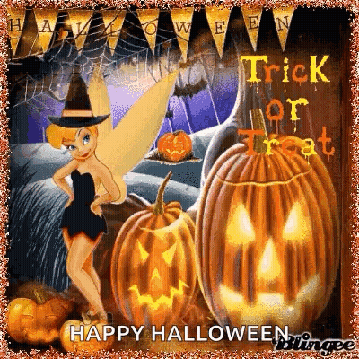 Tinkerbell In Witch Hat Surrounded By Pumpkins Trick Or Treat GIF