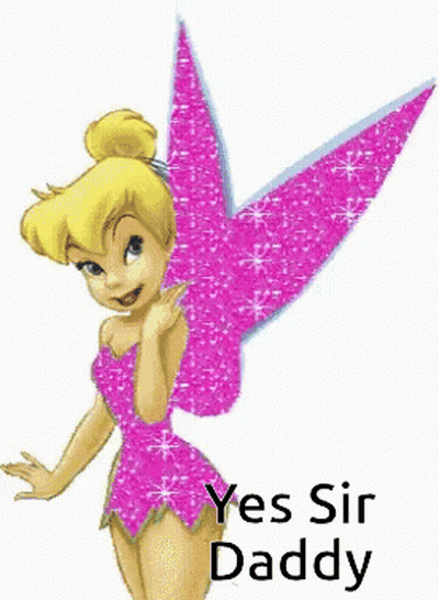 Tinkerbell Is Wearing A Pink Dress With Pink Wings And The Words Yes Sir Daddy Below Her GIF