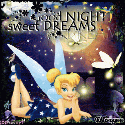 Tinkerbell Laying On Her Stomach With The Words Good Night Sweet Dreams Above Her GIF