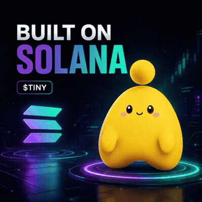 Tiny Yellow Character Standing In Front Of Built On Solana Banner GIF
