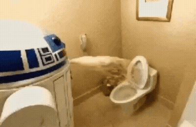Toilet In Bathroom With R2D2 Costume GIF