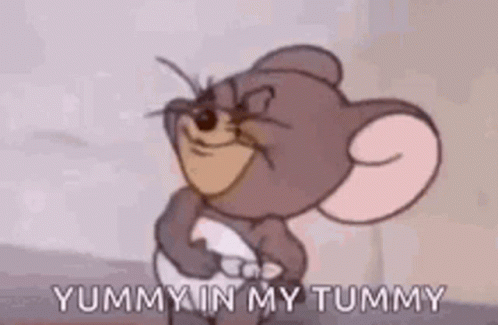 Tom And Jerry Are Standing Next To Each Other And Yummy In My Tummy Is Written On The Screen . GIF