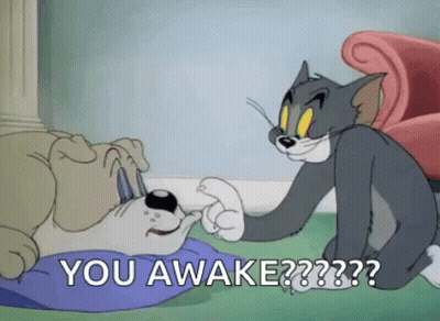 Tom And Jerry Sitting Next To Dog On Pillow GIF
