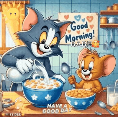 Tom And Jerry Sitting With Bowls Of Cereal GIF