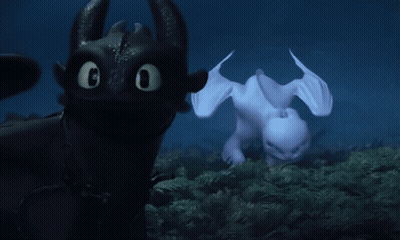 Toothless And Light Fury Standing Next To Each Other In The Dark GIF