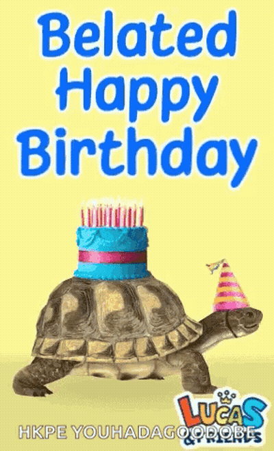 Tortoise In Birthday Hat With Cake Says Belated Happy Birthday GIF