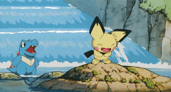 Totodile Blasting Water Toward Pichu GIF