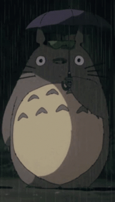 Totoro Holding Purple Umbrella In Rain GIF