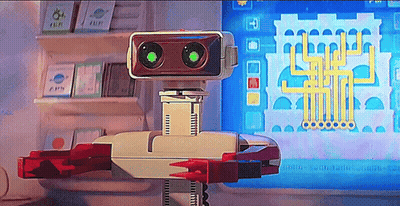 Toy Robot Standing In Front Of Screen Saying Fun GIF