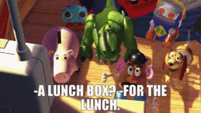 Toy Story Characters Around Table Saying Lunch Box GIF