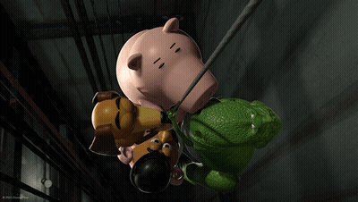 Toy Story Characters Hanging From Rope Saying What GIF