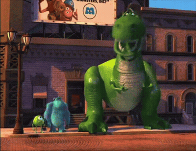 Toy Story Characters In Front Of Monsters Inc. Sign GIF