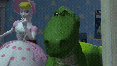 Toy Story Scene Green Dinosaur And Pink White Doll GIF