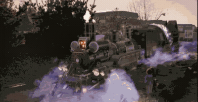 Train With Purple Smoke And Building GIF