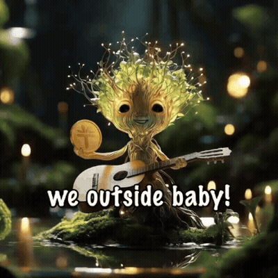 Tree Holding Coin And Playing Guitar Saying We Outside Baby GIF