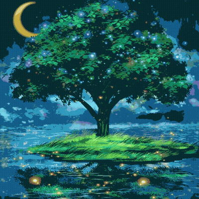 Tree On Small Island With Crescent Moon GIF