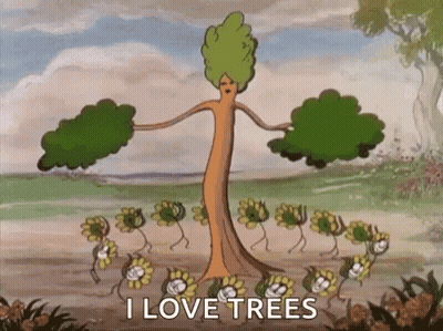 Tree With Arms And Legs Surrounded By Flowers Saying I Love Trees GIF