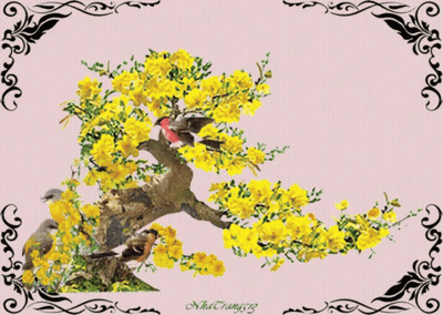 Tree With Yellow Flowers And Birds 2019 GIF