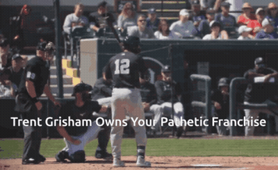 Trent Grisham Owns Your Pathetic Franchise Is Displayed On A Baseball Field GIF