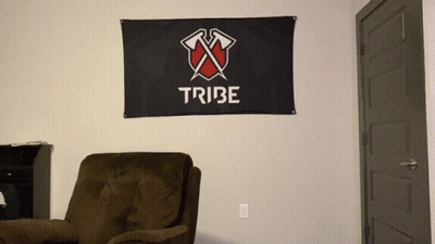 Tribe Flag Hangs Above Brown Chair GIF