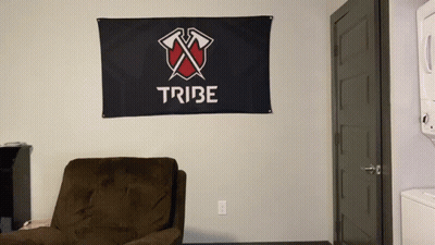Tribe Flag Hangs Above Brown Couch GIF