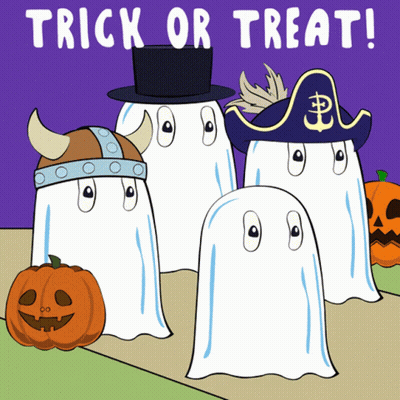 Trick Or Treat Poster With Ghosts In Costumes GIF