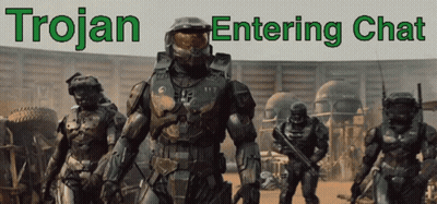 Trojan Entering Chat With Armored Soldiers GIF