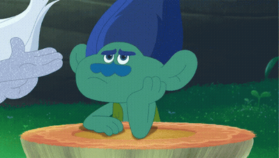 Troll With Blue Hair And Mustache Sitting On Stump GIF