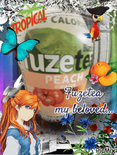 Tropical Fuzete Peach Drink With Girl And Parrot GIF